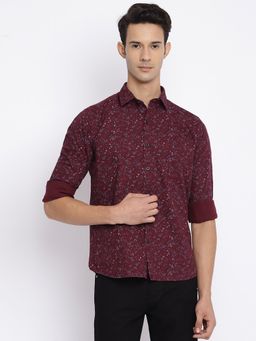 Cantabil - Spread Collar Printed Casual Maroon Shirt