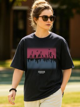 Bewakoof - Stranger Things Jet Black Upside Down Graphic Printed Oversized T-Shirt