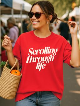 Bewakoof - Fiesta Red Scrolling Through Lifetypography Oversized T-Shirt