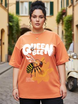 Bewakoof - Caramel Orange Queen Bee Graphic Printed Oversized Plus Size T-Shirt