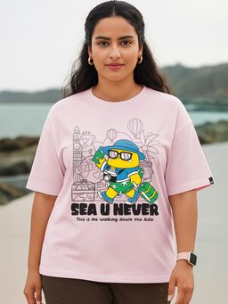 Bewakoof - Tendor Touch Pink Sea U Never Graphic Printed Oversized Plus Size T-shirt