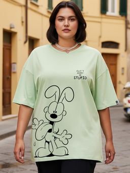Bewakoof - Garfield Fog Green Be Stupid Odie Graphic Printed Oversized Plus Size T-shirt
