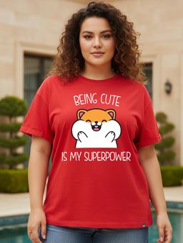 Bewakoof - Bold Red Being Cute Is My Super Power Graphic Printed Boyfriend Plus Size T-shirt