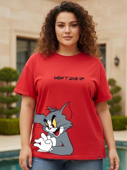 Bewakoof - Tom and Jerry Bold Red Tom Chase Graphic Printed Boyfriend Plus Size T-shirt