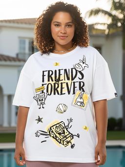 Bewakoof - SpongeBob White Friends Forever Graphic Printed Oversized Plus Size T-shirt