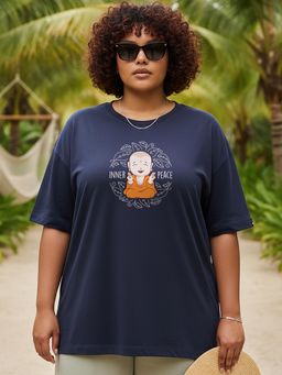 Bewakoof - Navy Blue Inner Peace Graphic Printed Oversized Plus Size T-shirt
