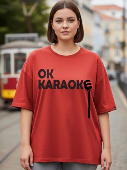 Bewakoof - Bold Red Ok Karaoke Typography Oversized Plus Size T-shirt