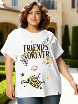 Bewakoof - SpongeBob White Friends Forever Graphic Printed Boyfriend Plus Size T-shirt