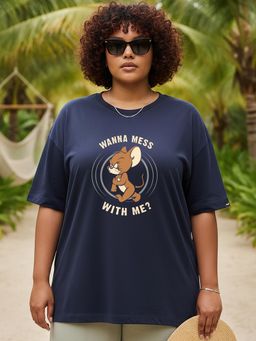 Bewakoof - Tom and Jerry Navy Blue Thug Jerry Graphic Printed Oversized Plus Size T-shirt