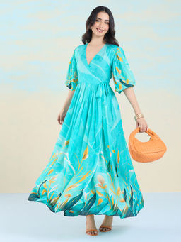 Navyasa By Liva - Light Green Liva Muslin Jacquard Floral Print Wrap Around Dress