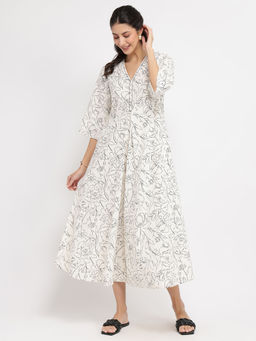Pink Fort - Rayon Floral A-Line Dress White