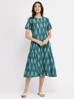Pink Fort - Cotton Ikat A-Line Dress Green