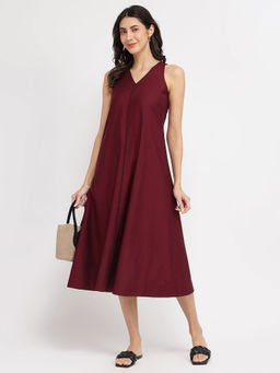 Pink Fort - Cotton Solid A-Line Dress Red