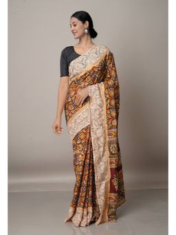 Unnati Silks - Multi Pure Kalamkari Block Printed Silk Saree with Unstitched Blouse