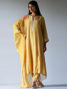 Ganga Fashions - Yellow Bemberg Silk Printed Salwar Suit With Delicate Hand Embroidery (Set of 3)