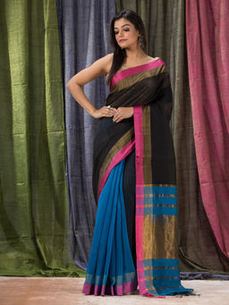 Angoshobha - Black & Blue Cotton Blended Handloom Festive Saree with Unstitched Blouse