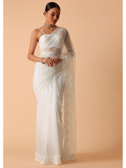 KALKI FASHION - White Organza Floral Motif Border Pre-Draped Saree with Unstitched Blouse