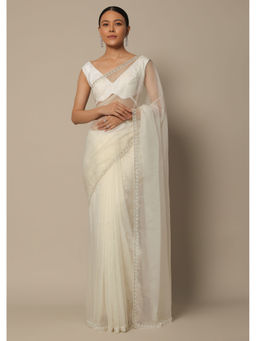 KALKI FASHION - White Organza Embellished Pre-Draped Saree with Unstitched Blouse