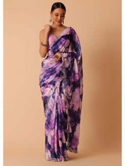 KALKI FASHION - Purple Printed Muslin Pre-Draped Saree with Unstitched Blouse