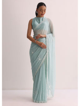 KALKI FASHION - Mint Blue Sequin Pre-Draped Saree with Unstitched Blouse