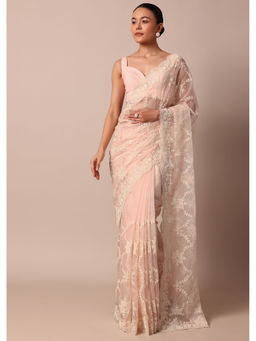 KALKI FASHION - Baby Pink Chikankari Organza Silk Pre-Draped Saree with Unstitched Blouse