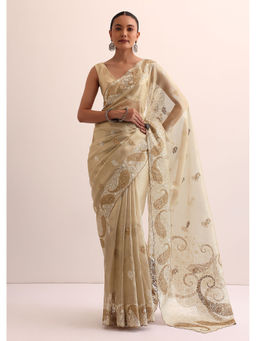 KALKI FASHION - Beige Chanderi Silk Embroidered Pre-Draped Saree with Unstitched Blouse