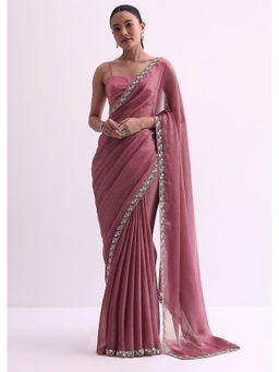 KALKI FASHION - Onion Pink Textured Cut Dana Work Satin Pre-Draped Saree with Unstitched Blouse