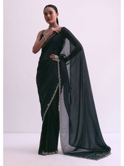 KALKI FASHION - Teal Blue Crush Pre-Draped Saree with Kundan Work and Unstitched Blouse