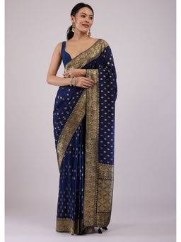 KALKI FASHION - Navy Blue Silk Pre-Draped Saree with Unstitched Blouse