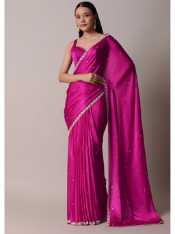 KALKI FASHION - Pink Satin Chinon Mirror Work Pre-Draped Saree with Unstitched Blouse