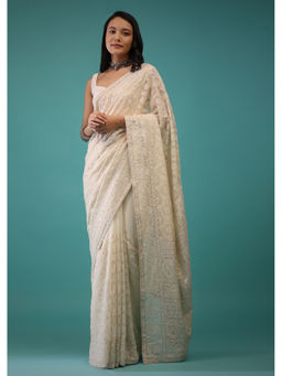 KALKI FASHION - Cloud Cream Lucknowi Thread Work Pre-Draped Saree with Unstitched Blouse