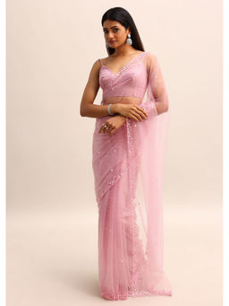 KALKI FASHION - Pink Embellished and Embroidered Net Pre-Draped Saree with Unstitched Blouse