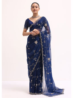 KALKI FASHION - Navy Blue Cut Dana Embroidered Pre-Draped Saree with Unstitched Blouse
