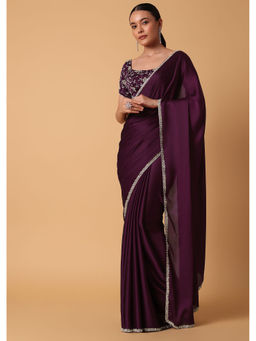 KALKI FASHION - Wine Satin Pre-Draped Saree with Sequin Detail and Unstitched Blouse
