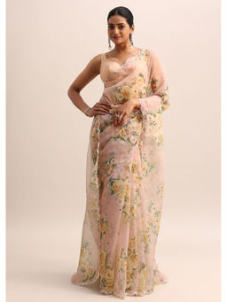 KALKI FASHION - Peach Floral Printed Organza Sequin Border Pre-Draped Saree with Unstitched Blouse