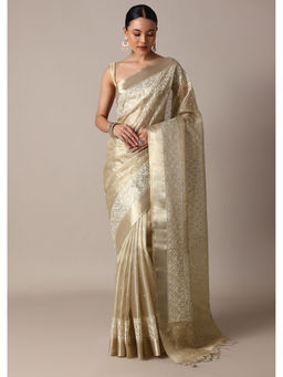 KALKI FASHION - Gold Kota Chanderi Mirror Work Pre-Draped Saree with Unstitched Blouse