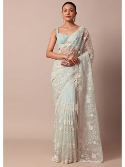 KALKI FASHION - Sky Blue Chikankari Pre-Draped Saree with Unstitched Blouse