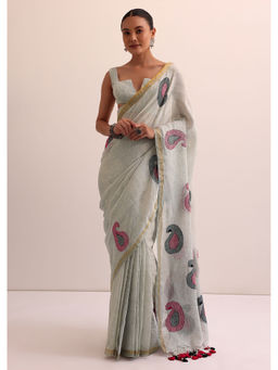 KALKI FASHION - Grey Cotton Linen Woven Pre-Draped Saree with Unstitched Blouse