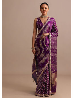 KALKI FASHION - Purple Hand Dyed Lehriya Satin Pre-Draped Saree with Unstitched Blouse