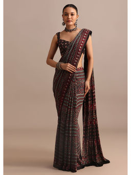 KALKI FASHION - Black and Red Modal Hand Block Printed Pre-Draped Saree with Unstitched Blouse