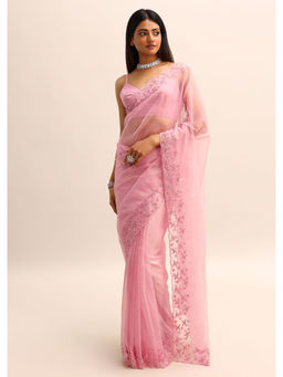 KALKI FASHION - Pink Organza Sequins Border Pre-Draped Saree with Unstitched Blouse