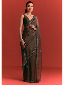 KALKI FASHION - Brown Tissue Cut Dana and Sequin Work Pre-Draped Saree with Unstitched Blouse