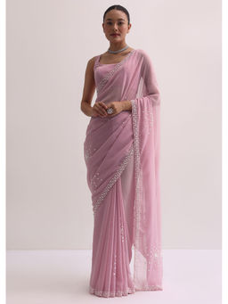 KALKI FASHION - Pink Sequin Pre-Draped Saree with Unstitched Blouse