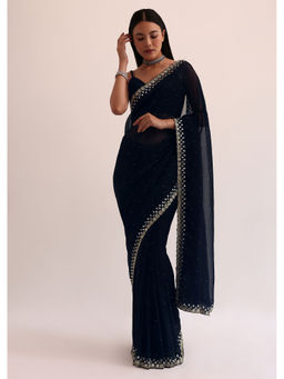 KALKI FASHION - Navy Blue Chinon Embellished Pre-Draped Saree with Unstitched Blouse