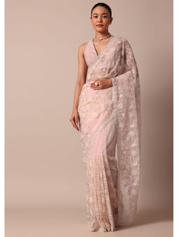 KALKI FASHION - Pink Organza Silk Floral Chikankari Pre-Draped Saree with Unstitched Blouse
