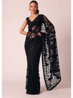 KALKI FASHION - Black Floral Thread Work Pre-Draped Saree with Unstitched Blouse