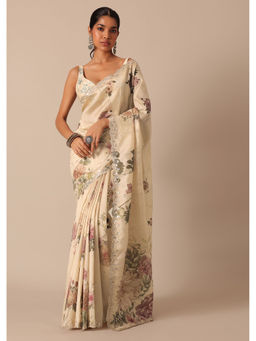 KALKI FASHION - Cream Tusshar Mirror Work Pre-Draped Saree with Unstitched Blouse