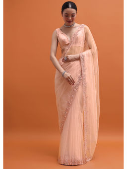 KALKI FASHION - Peach Embellished and Embroidered Pre-Draped Saree with Unstitched Blouse