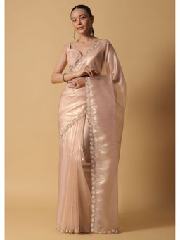 KALKI FASHION - Beige Tissue Embroidered Borders Pre-Draped Saree with Unstitched Blouse