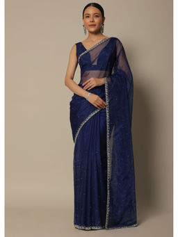 KALKI FASHION - Navy Blue Organza Stone Work Pre-Draped Saree with Unstitched Blouse